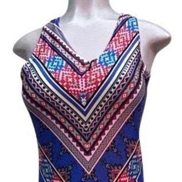 Boho Tribal Maxi Dress Women's S/M Multi Geometric V-neck Sleeveless Racerback - Picture 3 of 12